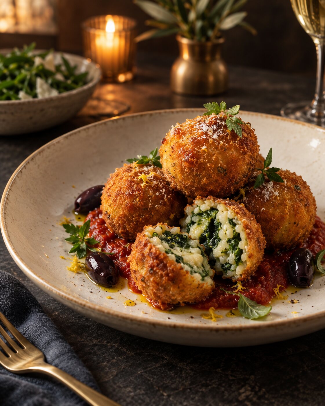 Crisp spinach arancini with refined plating